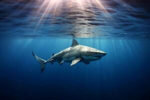 il squalo è nuoto nel il acqua. rifrazione di luce del sole. ai generativo foto