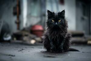un' senza casa sporco bagnato nero gattino è seduta su il strada. ai generativo foto