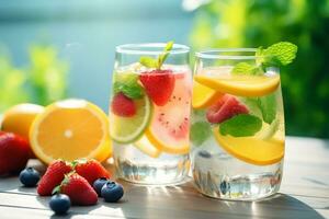 limonata con frutta nel un' trasparente tazza. ai generativo foto