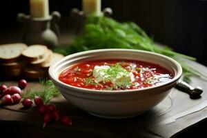 rosso borscht con acida crema. ai generato foto