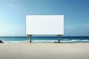 finto su bianca all'aperto pubblicità manifesto su il spiaggia. ai generato foto