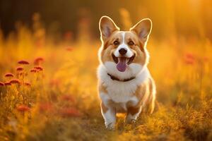 un' corgi cane corre con suo lingua attaccare su lungo il sentiero nel il pavimento nel il sera nel il sole. ai generato foto