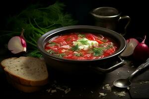 rosso borscht con acida crema. ai generato foto