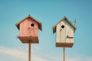 Due di legno casette per gli uccelli, un' Casa per uccelli. ai generato foto