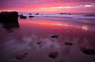 Alba al di sopra di il mare e simpatico spiaggia nel viola colore. generativo ai foto