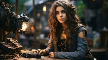 un' ragazza indossare goggle nel steampunk stile seduta a un' computer, adolescente pirata seduta a vecchio il computer portatile nel distopico futuro vale sfocato strada sfondo, generativo ai foto