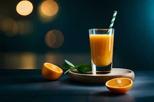 fresco arancia succo nel il bicchiere su buio sfondo ai generato foto