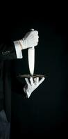 isolato vicino su di acuto coltello essere servito su argento vassoio. concetto di maggiordomo fatto esso classico omicidio mistero foto