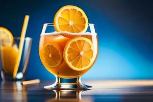 delizioso cocktail nel un' bicchiere calice servito con Limone fetta su blu sfondo ai generato foto