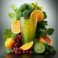 fresco succo versa a partire dal frutta e verdure in il bicchiere isolato su bianca sfondo foto