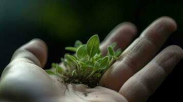 verde pianta su il mano generativo ai, ai generato foto