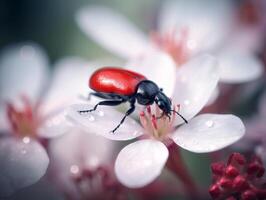 rosso e nero insetto su bianca petalo - macro fotografia di della natura intricato bellezza - ai generato foto