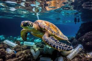 intrappolati nel un' mare di plastica - un' straziante racconto di un' lottando mare tartaruga - ai generato foto