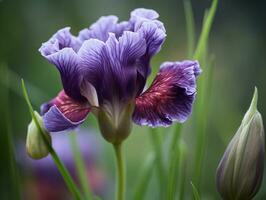 viola iris macro fotografia con superficiale profondità di campo e sognante bokeh effetto. - ai generato foto