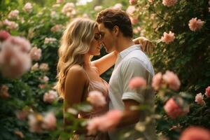 Gli amanti abbraccio per tenero bacio nel sereno parco con lussureggiante verdura e fioritura fiori, caldo e intimo momento - ai generato foto