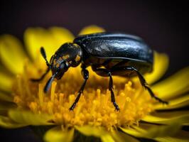 macro tiro di scarafaggio su giallo e nero fiore con intricato dettagli - ai generato foto