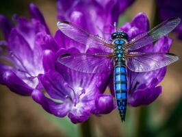 libellula su viola fiore macro tiro con morbido sfondo - ai generato foto