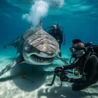 mare tuffatore con squalo nel il oceano foto