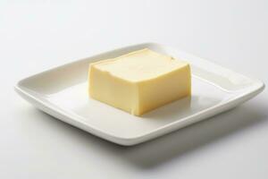 un' pezzo di burro su un' bianca piatto ai generato foto