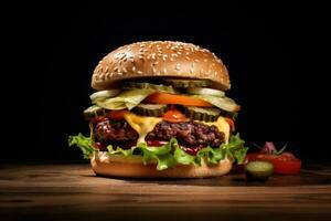 un' grande hamburger con lattuga, pomodori e sottaceti su un' buio sfondo ai generato foto