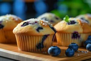 mirtillo muffin su un' di legno taglio tavola ai generativo foto