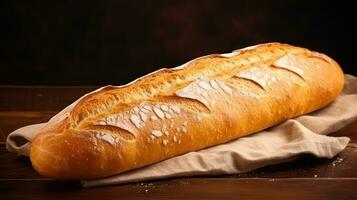 un' pagnotta di pane su un' di legno tavolo ai generativo foto