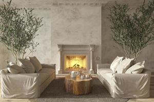 interno soggiorno in stile fattoria scandinavo con mobili in legno naturale e camino 3d rendering illustrazione foto
