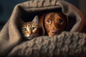 un' cane e gatto sotto un' coperta ai generato foto