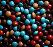 un' mucchio di cioccolato, blu, e rosso caramelle pulsanti e gocce ai generato foto