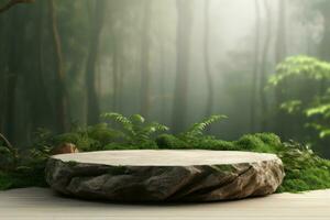 un' di legno podio tavolo nel un' foresta con muschio su esso ai generativo foto