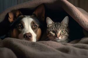 un' cane e gatto sotto un' coperta ai generato foto