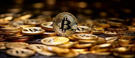 criptovaluta bitcoin - dettaglio di fisico oro monete e futuro digitale moneta. generativo ai, foto