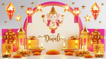 3d interpretazione per Diwali Festival diwali, Deepavali o dipavali il Festival di luci India con oro diya su podio, fantasia e cristalli su colore sfondo. foto