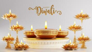3d interpretazione per Diwali Festival diwali, Deepavali o dipavali il Festival di luci India con oro diya su podio, fantasia e cristalli su colore sfondo. foto