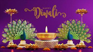 3d interpretazione per Diwali Festival diwali, Deepavali o dipavali il Festival di luci India con oro diya su podio, fantasia e cristalli su colore sfondo. foto