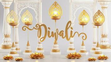 3d interpretazione per Diwali Festival diwali, Deepavali o dipavali il Festival di luci India con oro diya su podio, fantasia e cristalli su colore sfondo. foto