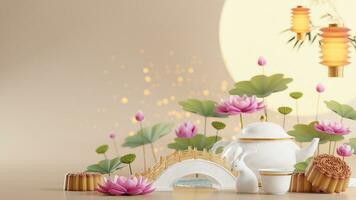 3d interpretazione per medio autunno Festival vacanza o Cinese nuovo anno, Cinese festival con, lanterne, fiore, Luna, coniglio ,torta di luna,tè pentola e asiatico elementi su sfondo. foto