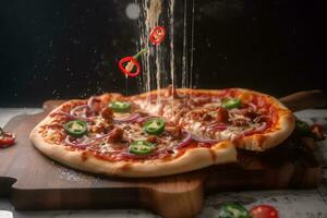 peperoni, peperoni, rosso cipolla condimenti Pizza con formaggio Tirare effetto. creato con generativo ai tecnologia foto