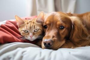 il cane bugie su il letto nel un abbraccio con un' rosso gatto foto