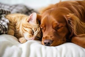 il cane bugie su il letto nel un abbraccio con un' rosso gatto foto