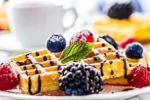 fresco cialde con cioccolato sciroppo frutti di bosco zucchero polvere formica menta le foglie. foto