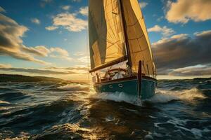 barca a vela nel il mare a tramonto. andare in barca yacht foto