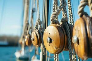 di legno pulegge su un' andare in barca yacht foto