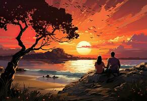 coppia seduta su un' roccia di il mare a tramonto - ai generativo foto