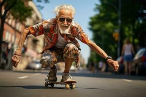 anziano uomo equitazione un' skateboard - ai generativo foto