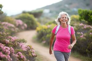 contento anziano jogging nel all'aperto - ai generativo foto