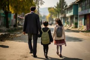 genitori e bambino partire per scuola foto