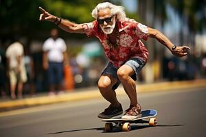 anziano kateboarder equitazione un' longboard su il strada - ai generativo foto