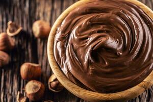 cioccolato nocciola diffusione nel di legno ciotola - vicino su foto