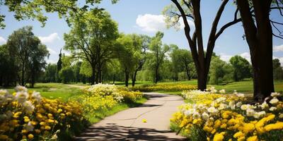 bellissimo albero e raggi di luce del sole nel un' verde foresta. generativo ai foto